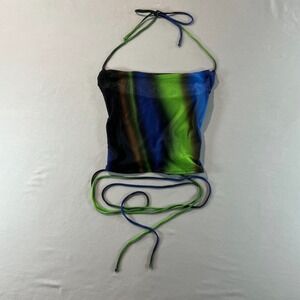 Motel Tie-Dye Mesh Halter Top Women's Small Festival Y2K Sheer Ruched Adjustable
